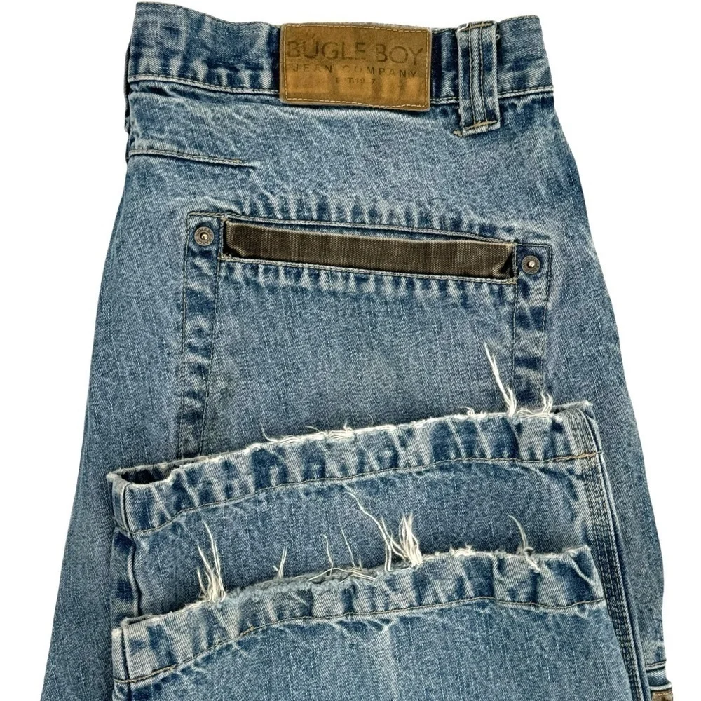 Vintage Bugle Boy Jeans Baggy Loose Fit Distressed Patched Blue Black Denim | 34
